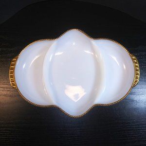 Fire king milk glass divided relish organizing dish platter tray gold beaded